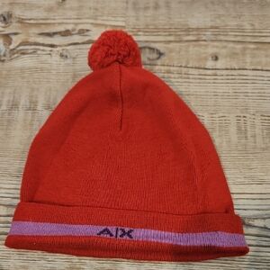 Armani Exchange Womans Red Beanie with Purple Trim 100% Meriano Wool